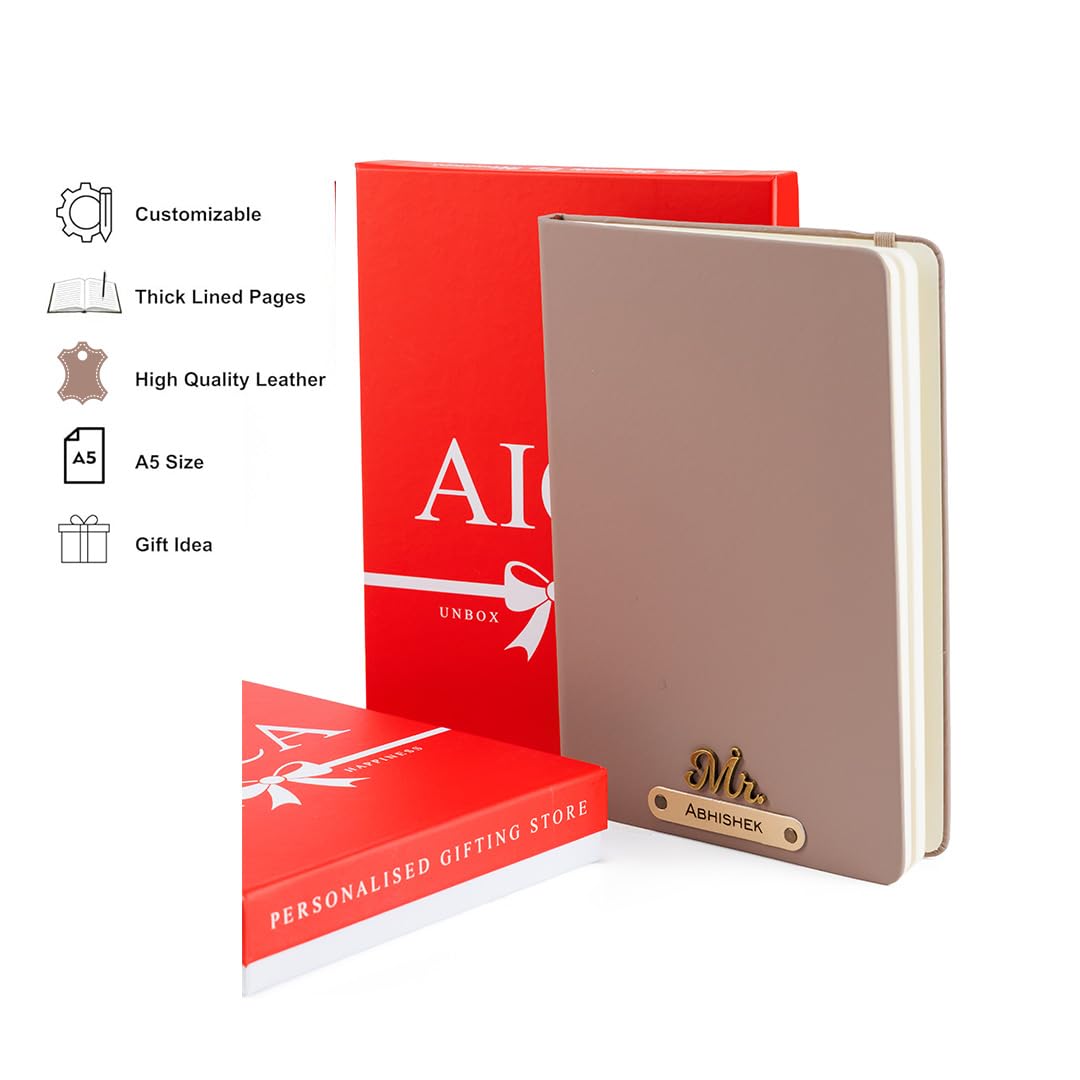 AICA Personalized Name & Charm Leather Notebook Diary -A5 Size, 180 Ruled Pages All