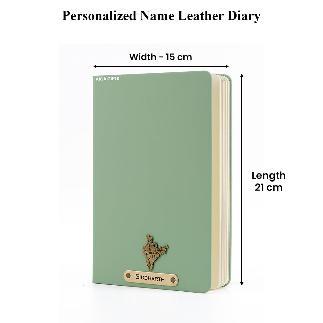 AICA Personalized Name & Charm Leather Notebook Diary -A5 Size, 180 Ruled Pages All