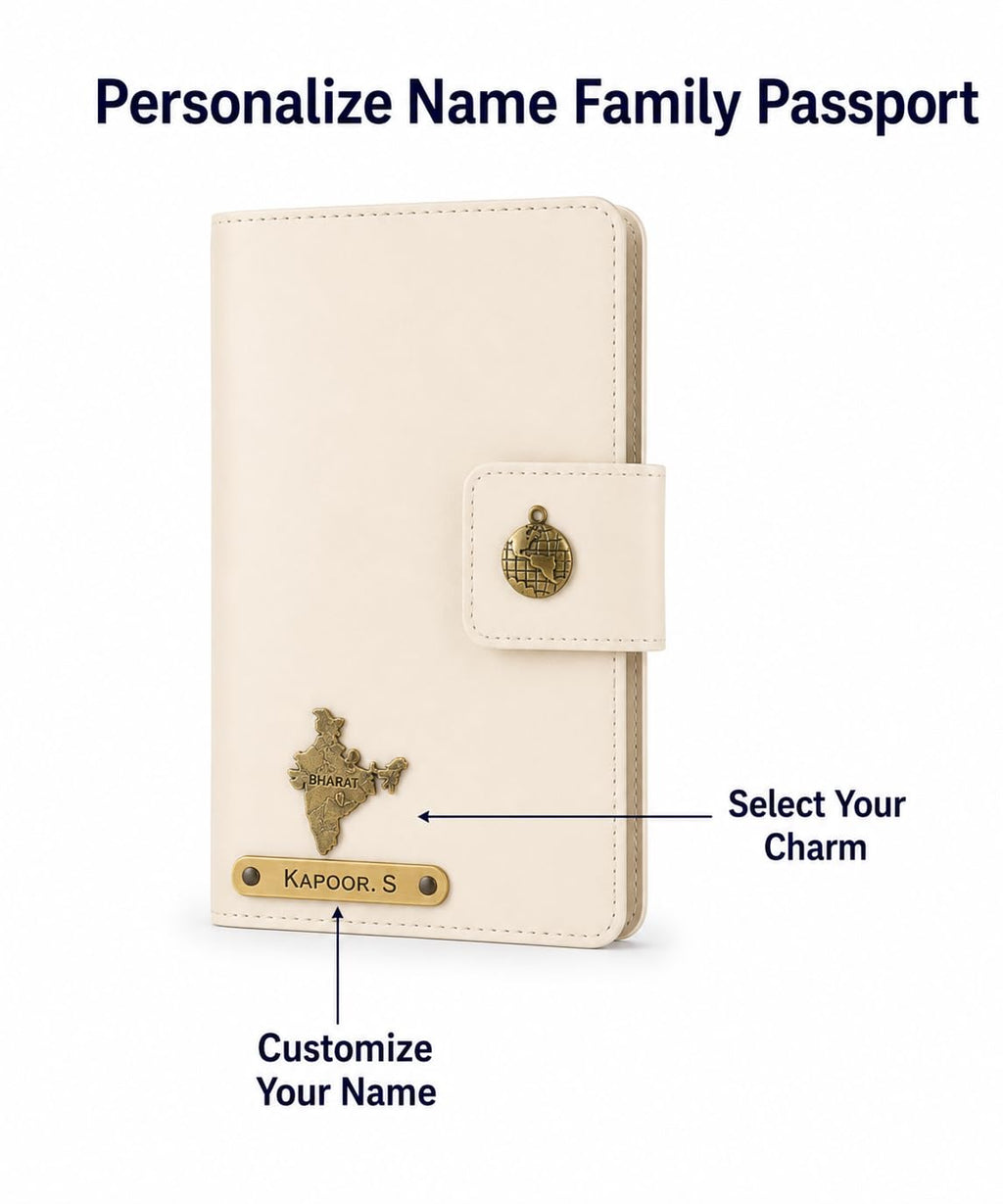 AICA Personalized Name & Charm Leather Family Passport Cover For 4 with Passport Boarding Pass Currency Card Slot & Coin Holder for Men & Women | Family Passport Cover (CREAM)