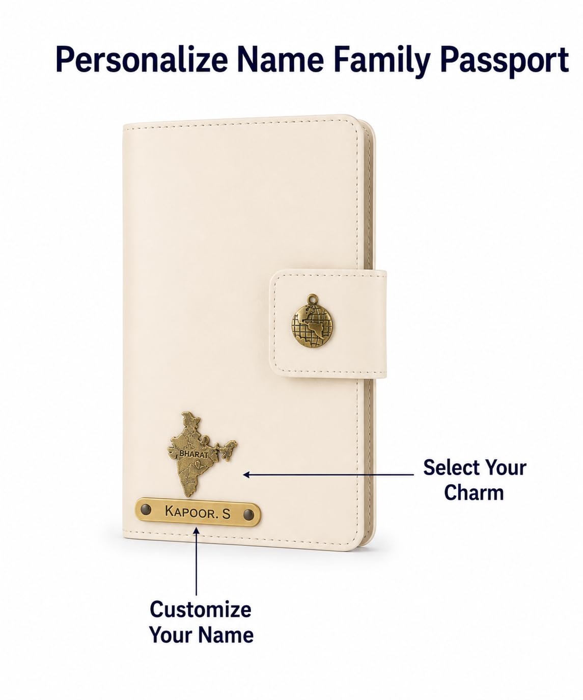AICA Personalized Name & Charm Leather Family Passport Cover For 4 with Passport Boarding Pass Currency Card Slot & Coin Holder for Men & Women | Family Passport Cover (CREAM)