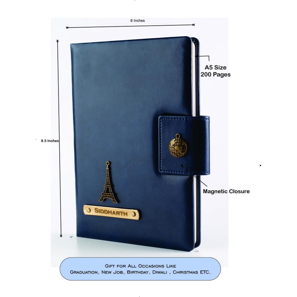 AICA Personalized Name & Charm Leather Notebook Diary -A5 Size, 200 Ruled Pages (Black)|Customized Christmas Secret Santa Daily Journal Diaries Diary Gifts for Men Women Friends Family Office Staff