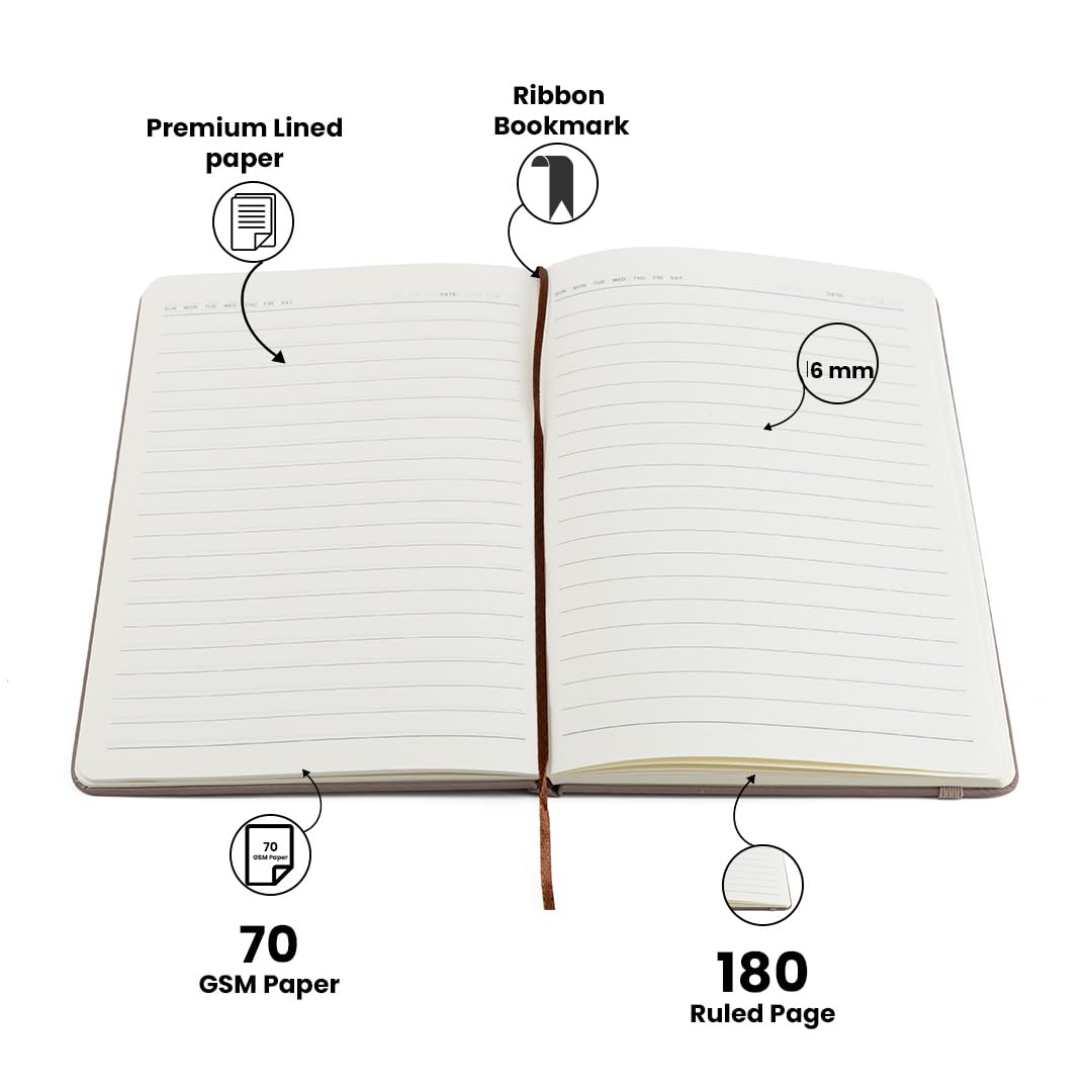AICA Personalized Name & Charm Leather Notebook Diary -A5 Size, 180 Ruled Pages All