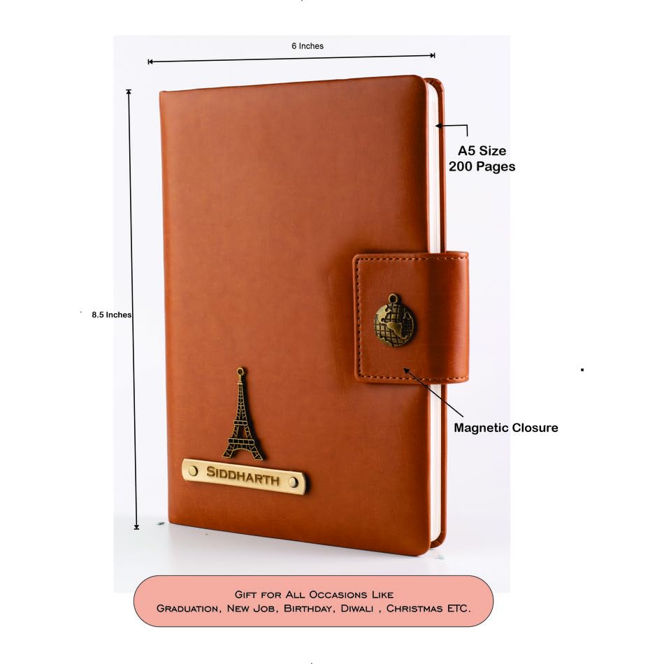AICA Personalized Name & Charm Leather Notebook Diary -A5 Size, 200 Ruled Pages (Black)|Customized Christmas Secret Santa Daily Journal Diaries Diary Gifts for Men Women Friends Family Office Staff