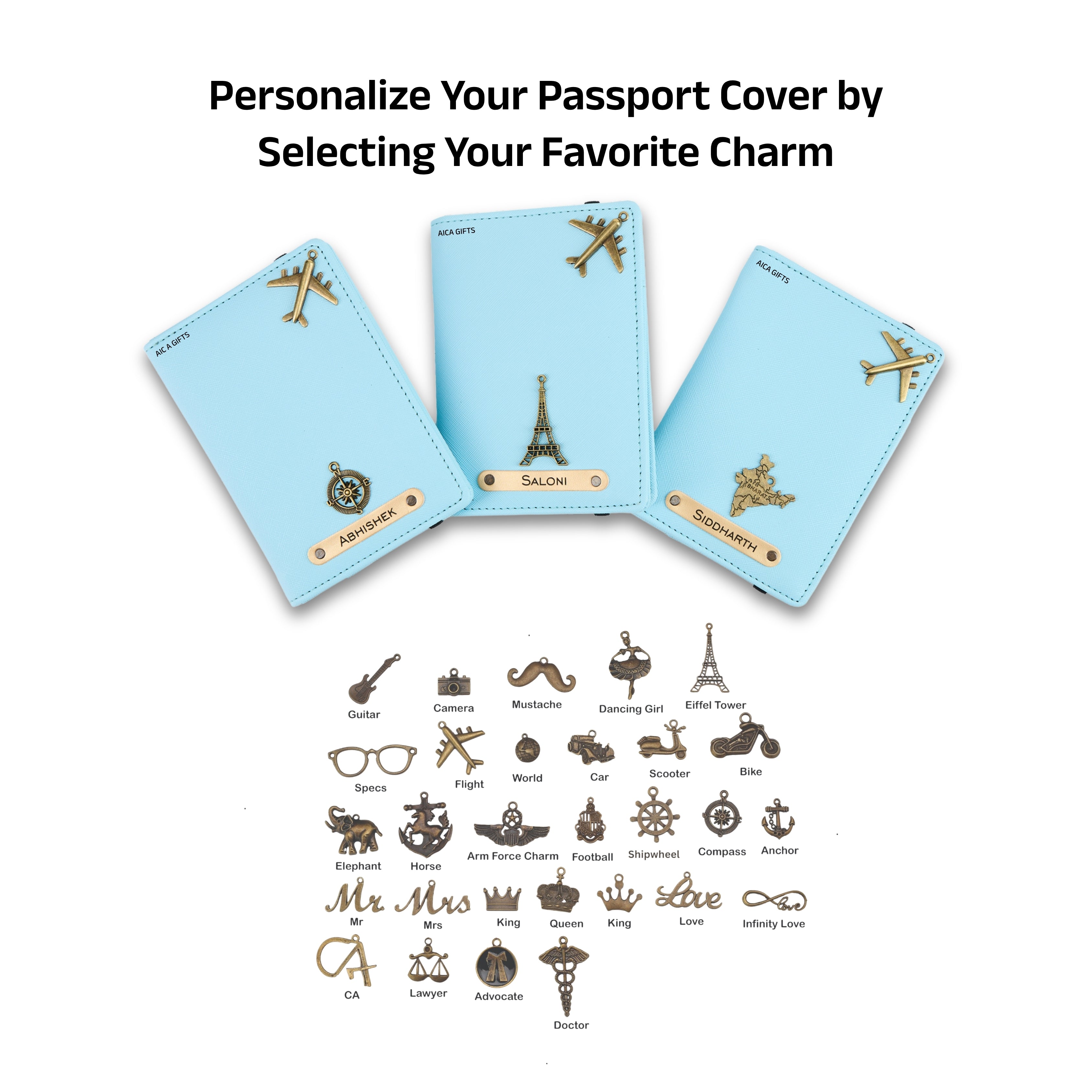AICA Personalised Name & Charm Leather Passport Cover Holder for Men & Women (Babyblue) | Gifts for Man | Gift for Woman | Return Gifts for Birthday | Passport Cover for Men & Women