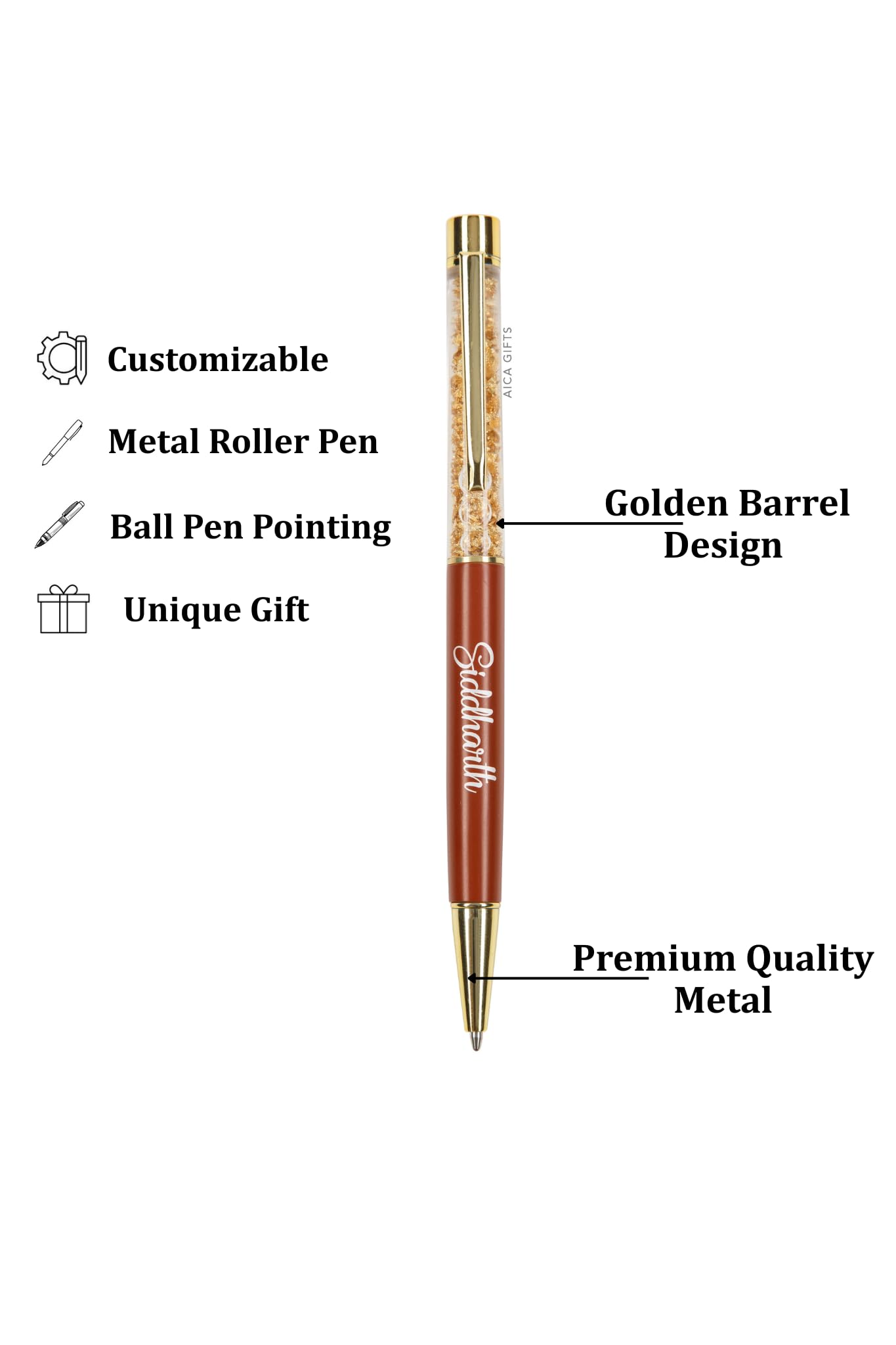 AICA Gifts Personalized Pens with Name Engraved I Golden Glitter (Black) Roller Ball Pen