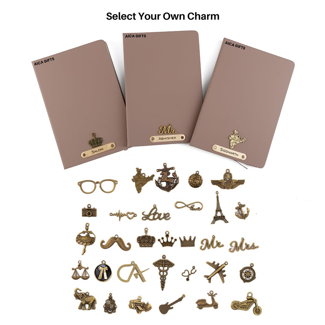 AICA Personalized Name & Charm Leather Notebook Diary -A5 Size, 180 Ruled Pages All