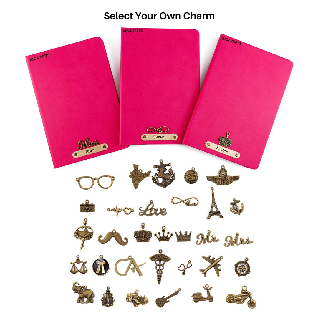 AICA Personalized Name & Charm Leather Notebook Diary -A5 Size, 180 Ruled Pages All