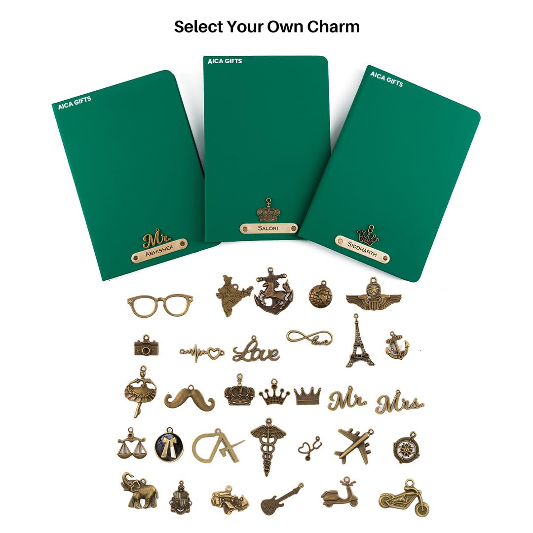 AICA Personalized Name & Charm Leather Notebook Diary -A5 Size, 180 Ruled Pages All