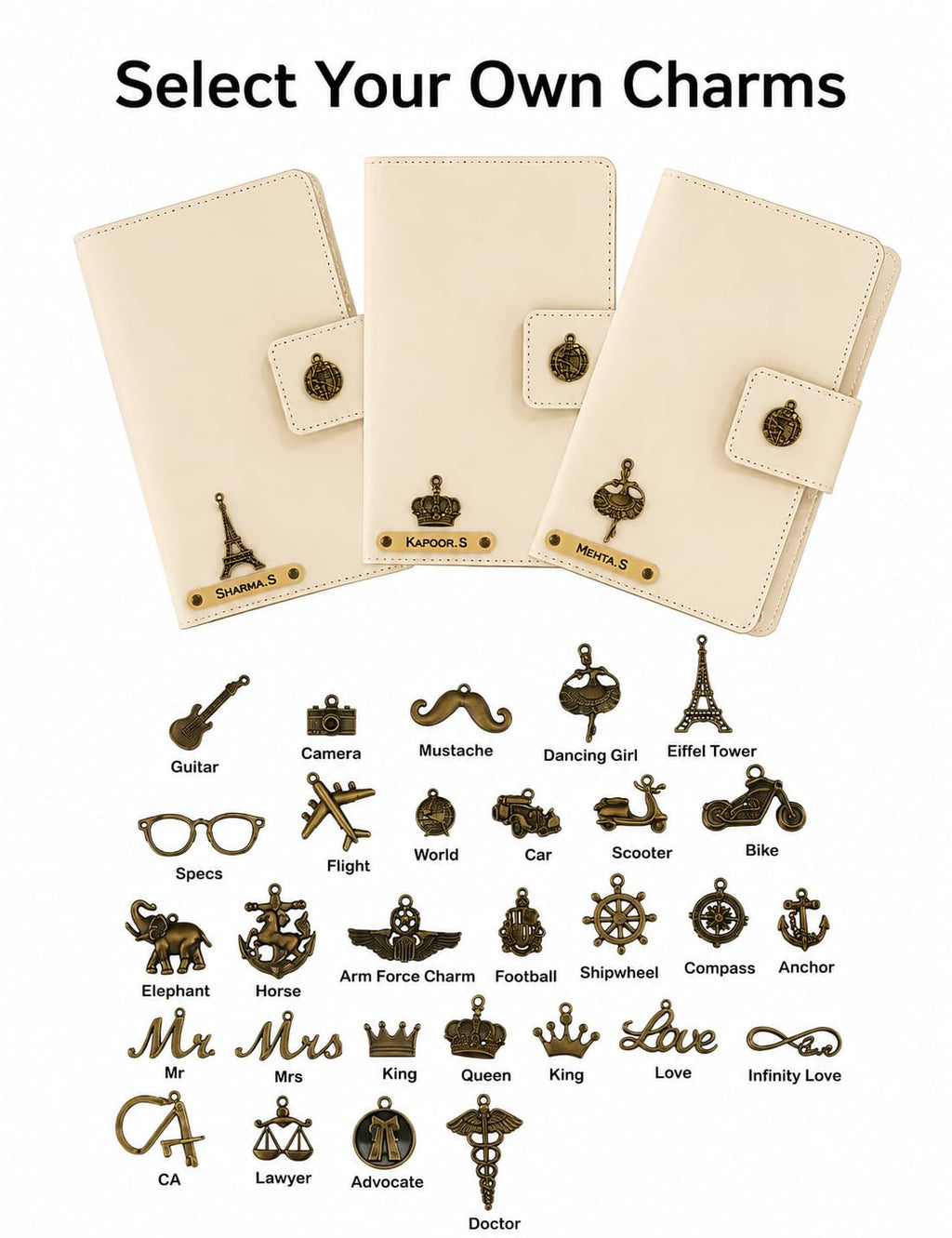 AICA Personalized Name & Charm Leather Family Passport Cover For 4 with Passport Boarding Pass Currency Card Slot & Coin Holder for Men & Women | Family Passport Cover (CREAM)