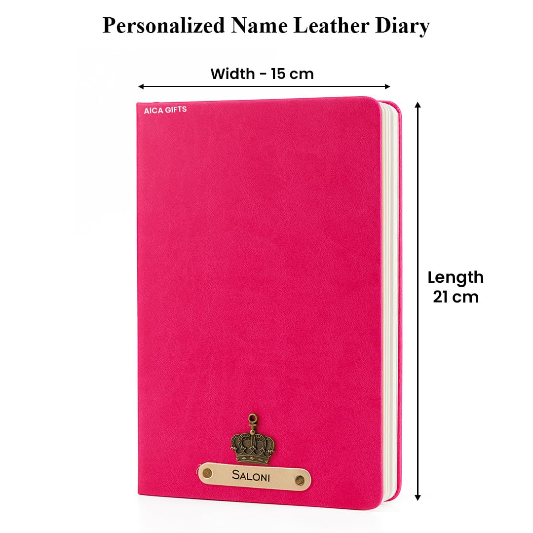 AICA Personalized Name & Charm Leather Notebook Diary -A5 Size, 180 Ruled Pages All