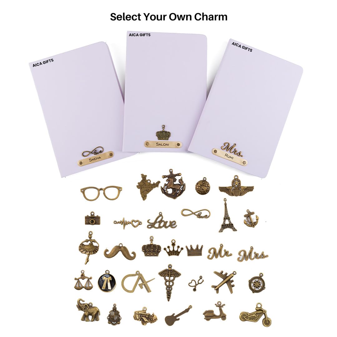 AICA Personalized Name & Charm Leather Notebook Diary -A5 Size, 180 Ruled Pages All