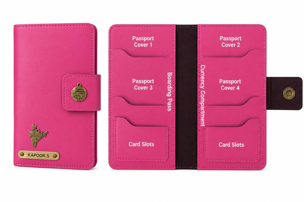 AICA Personalized Name & Charm Leather Family Passport Cover For 4 with Passport Boarding Pass Currency Card Slot & Coin Holder for Men & Women | Family Passport Cover (DARKPINK)