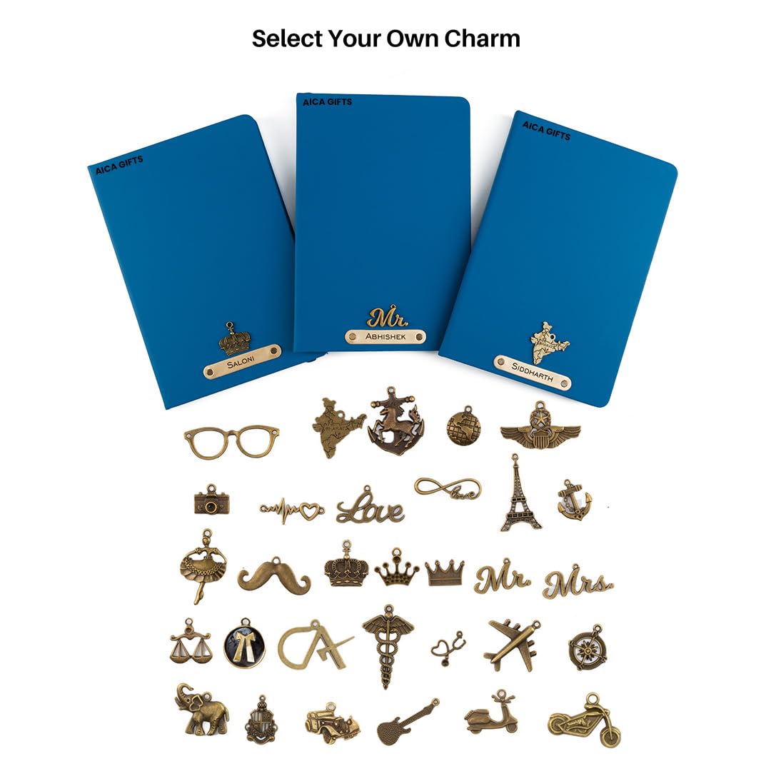 AICA Personalized Name & Charm Leather Notebook Diary -A5 Size, 180 Ruled Pages All