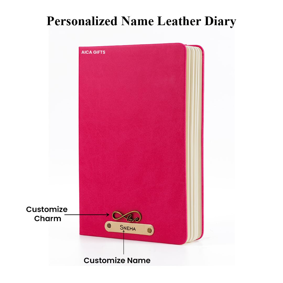 AICA Personalized Name & Charm Leather Notebook Diary -A5 Size, 180 Ruled Pages All