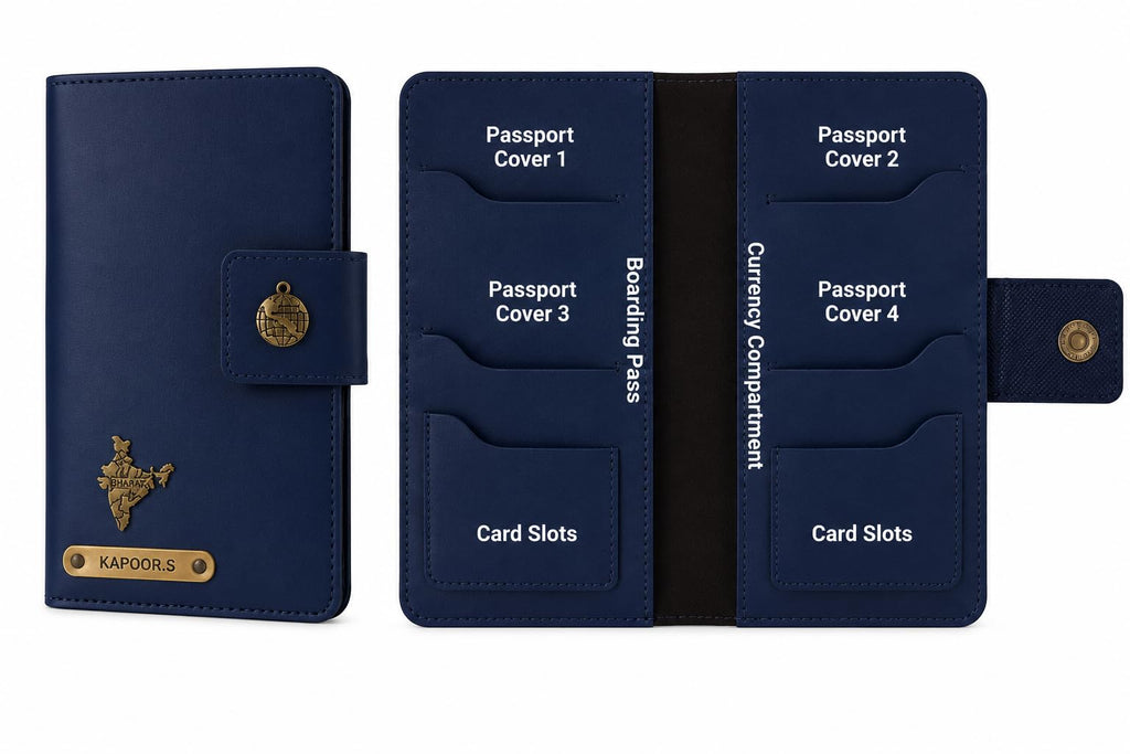 AICA Personalized Name & Charm Leather Family Passport Cover For 4 with Passport Boarding Pass Currency Card Slot & Coin Holder for Men & Women | Family Passport Cover (NAVYBLUE)