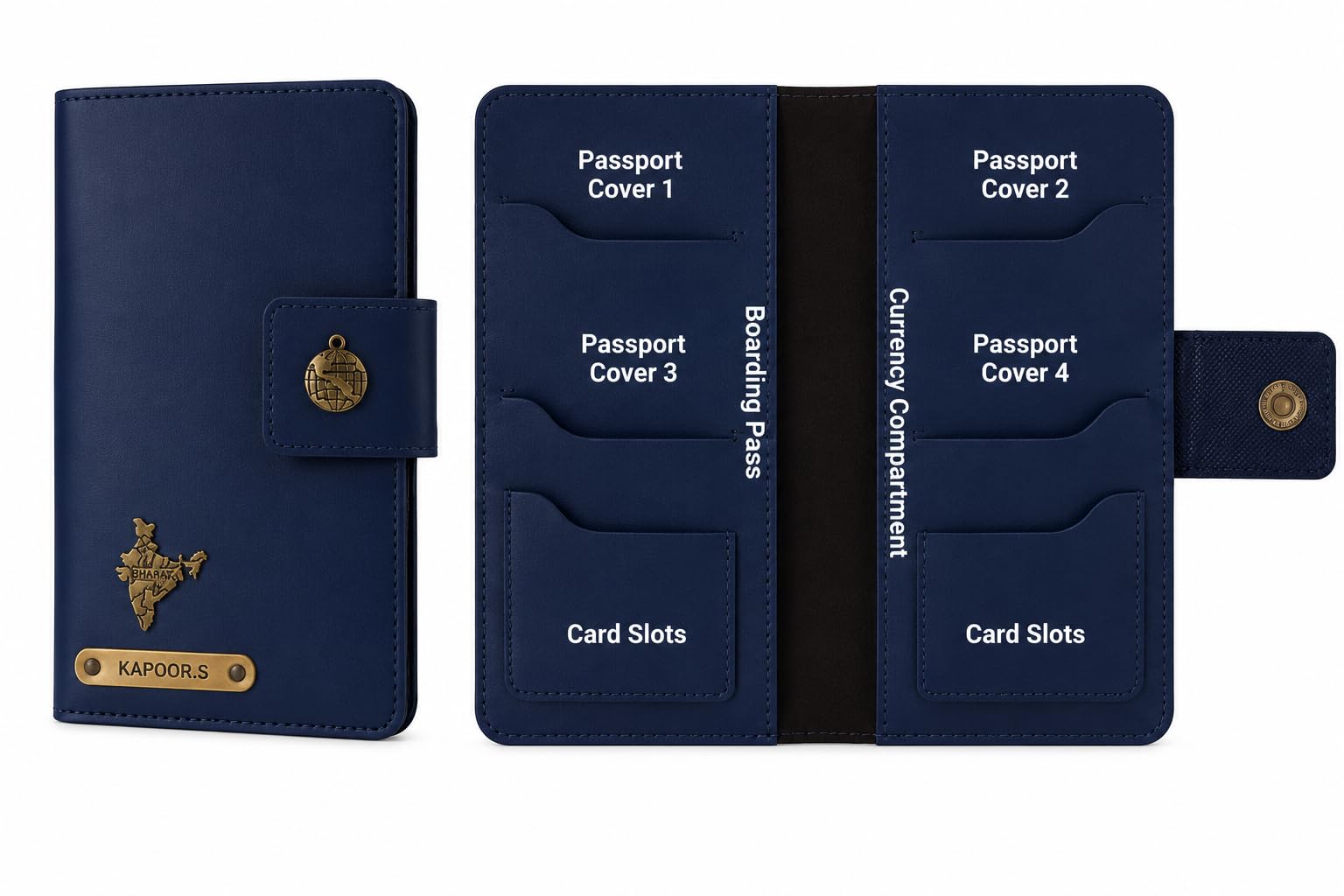 AICA Personalized Name & Charm Leather Family Passport Cover For 4 with Passport Boarding Pass Currency Card Slot & Coin Holder for Men & Women | Family Passport Cover (NAVYBLUE)