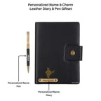 AICA Personalized Name & Charm Notebook Leather Diary - A5 Size, 200 Ruled Pages (Navy Blue) & Pen Golden Combo for Men & Women