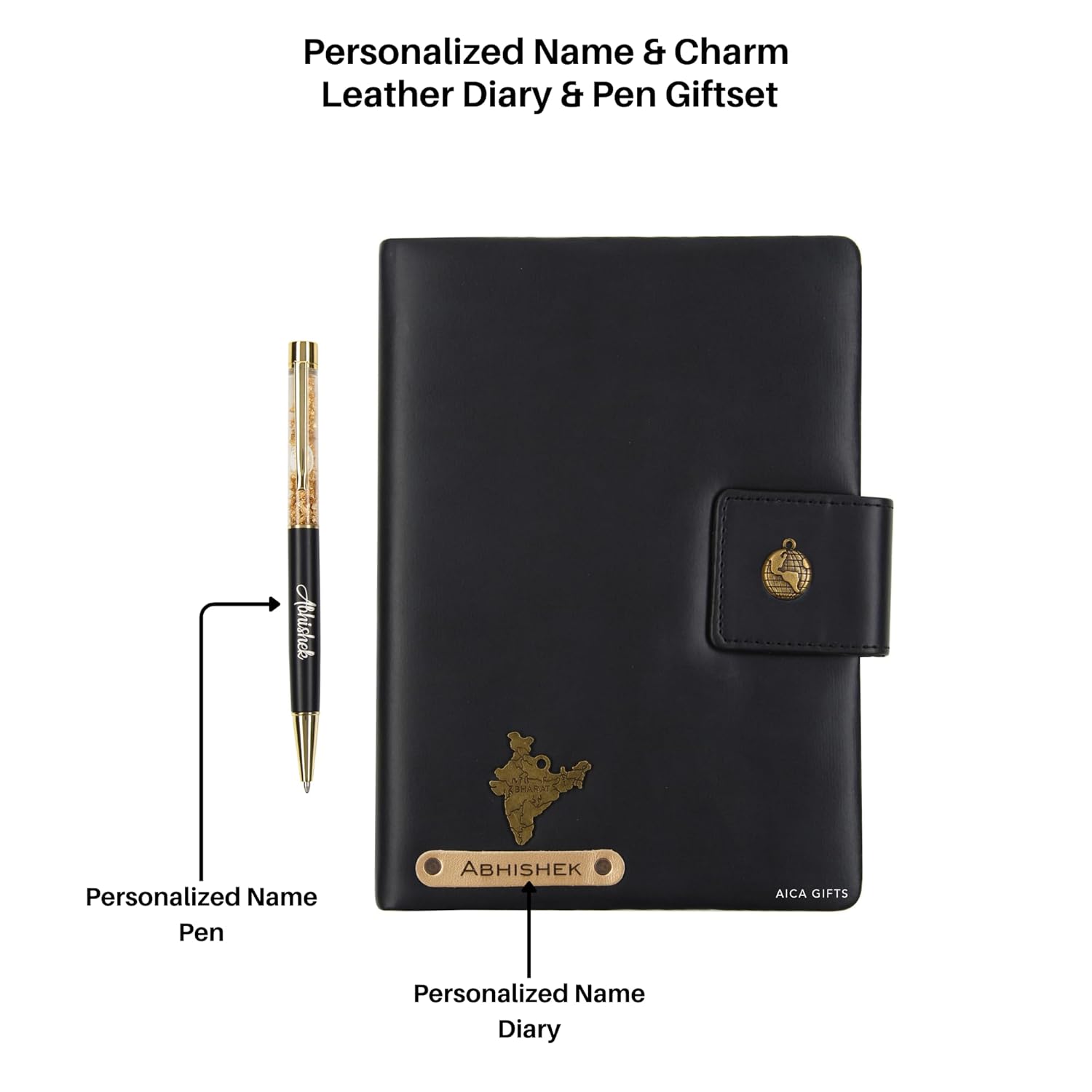 AICA Personalized Name & Charm Notebook Leather Diary - A5 Size, 200 Ruled Pages (Navy Blue) & Pen Golden Combo for Men & Women