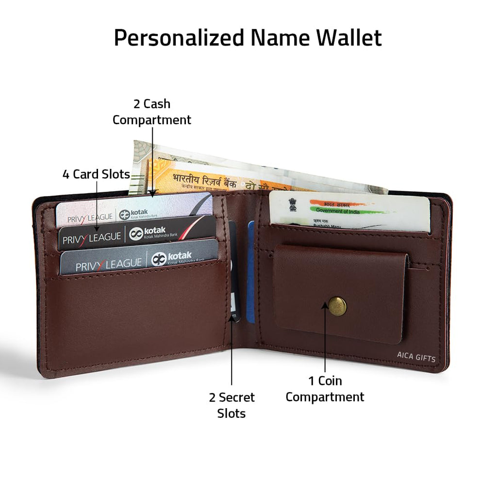 AICA Personalized Name Leather Mens Rakhi + Wallet Combo (Dark Brown)