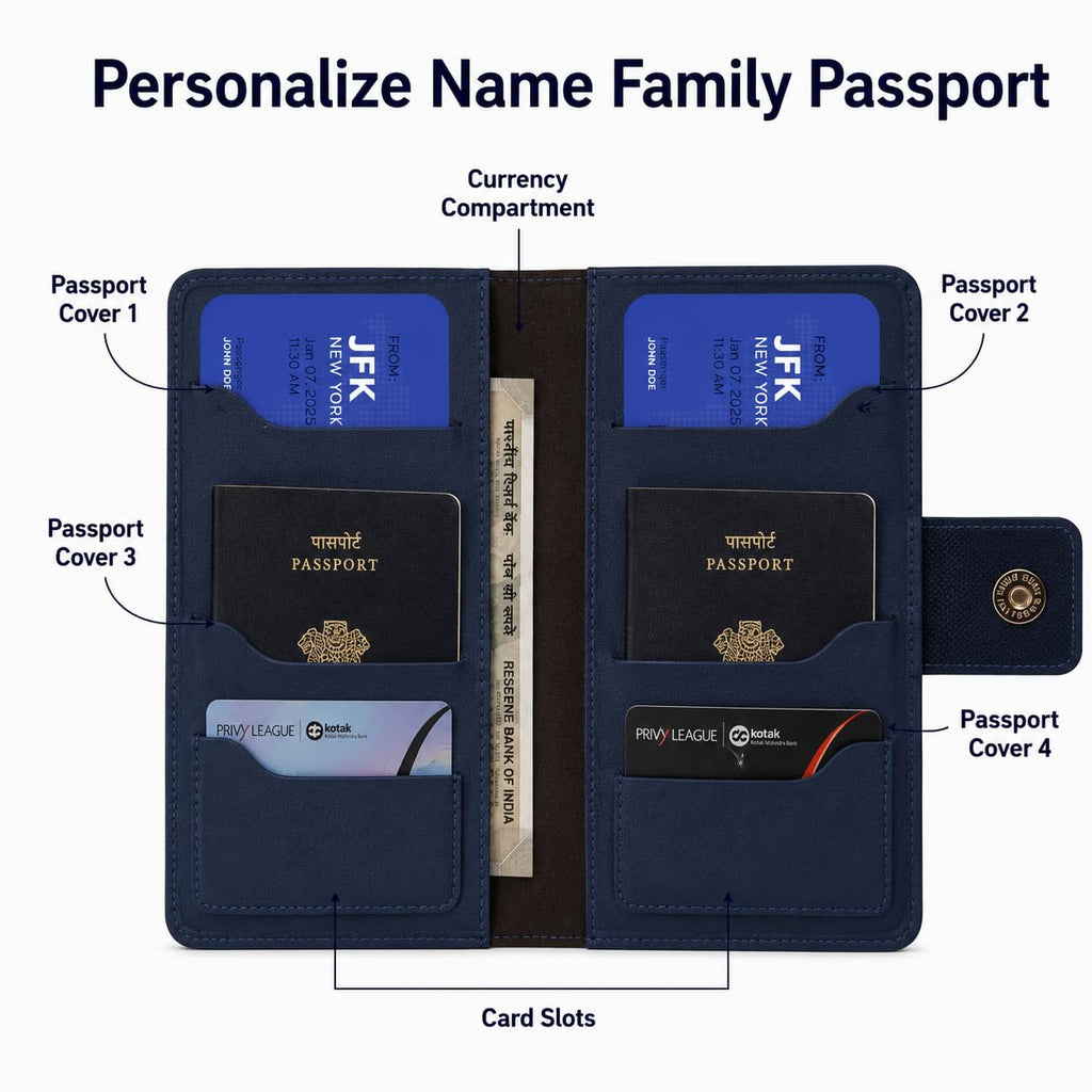 AICA Personalized Name & Charm Leather Family Passport Cover For 4 with Passport Boarding Pass Currency Card Slot & Coin Holder for Men & Women | Family Passport Cover (NAVYBLUE)