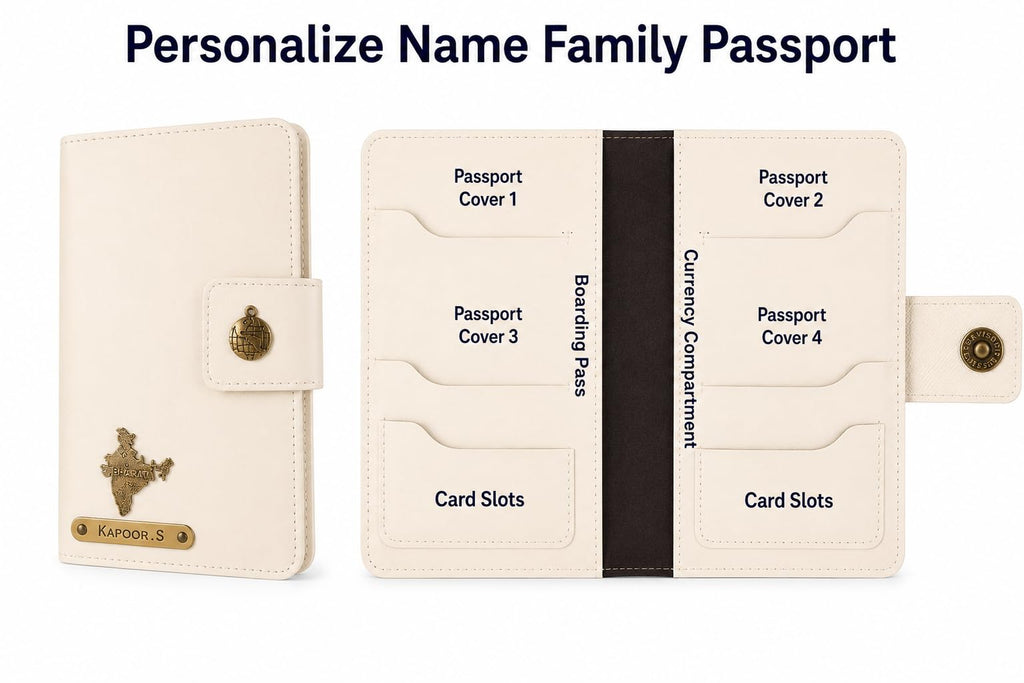 AICA Personalized Name & Charm Leather Family Passport Cover For 4 with Passport Boarding Pass Currency Card Slot & Coin Holder for Men & Women | Family Passport Cover (CREAM)