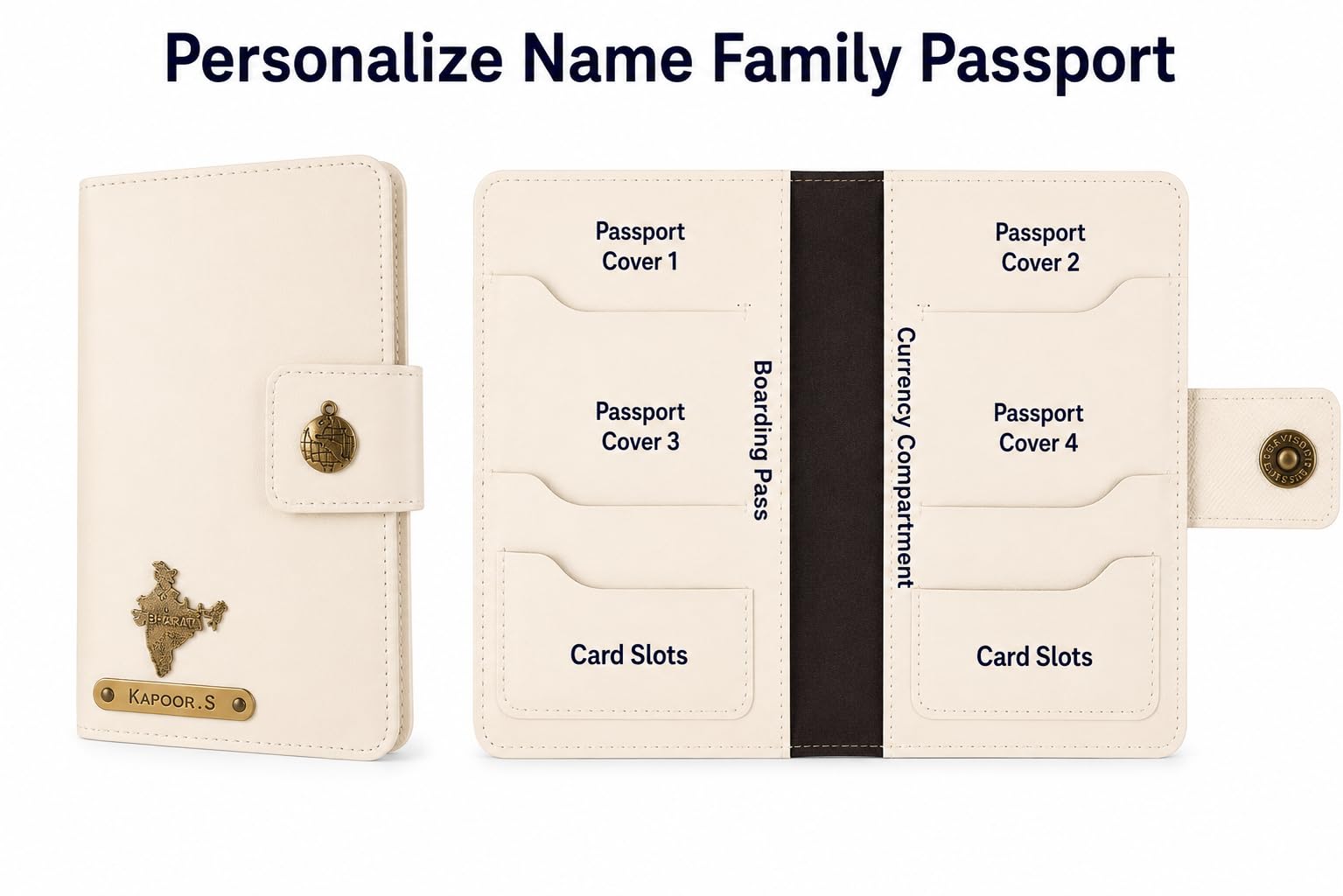 AICA Personalized Name & Charm Leather Family Passport Cover For 4 with Passport Boarding Pass Currency Card Slot & Coin Holder for Men & Women | Family Passport Cover (CREAM)