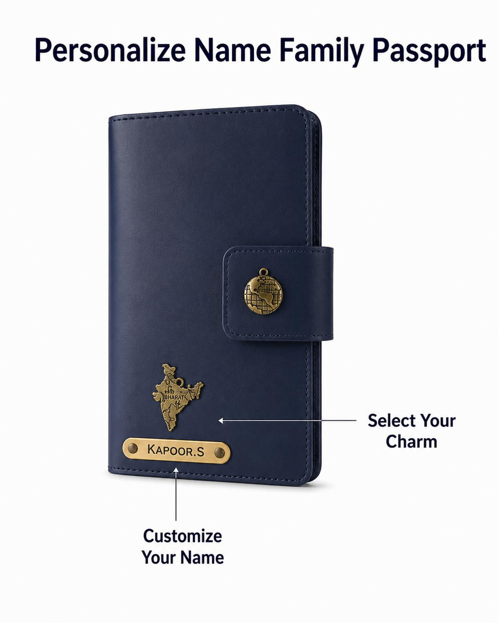 AICA Personalized Name & Charm Leather Family Passport Cover For 4 with Passport Boarding Pass Currency Card Slot & Coin Holder for Men & Women | Family Passport Cover (NAVYBLUE)