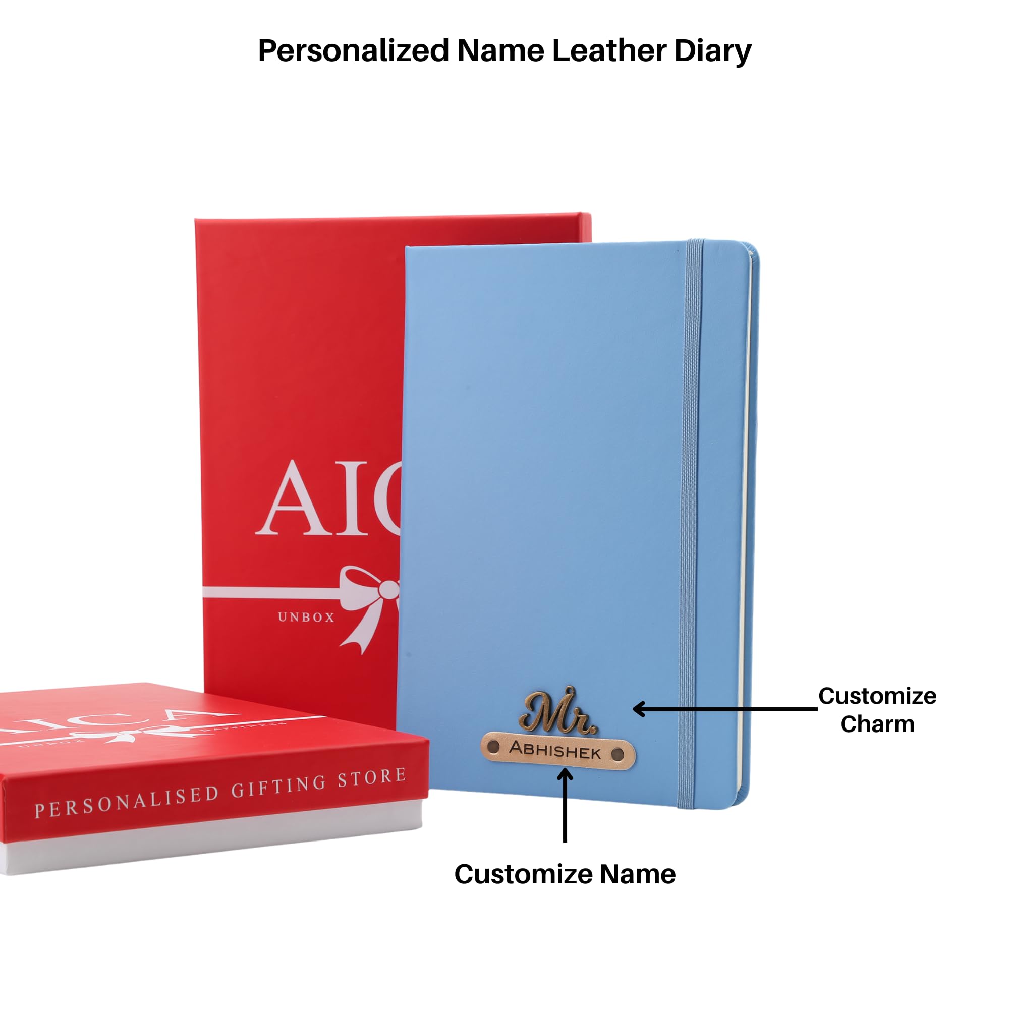 AICA Personalized Name & Charm Leather Notebook Diary -A5 Size, 180 Ruled Pages All