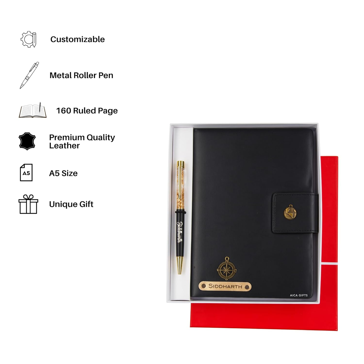 AICA Personalized Name & Charm Notebook Leather Diary - A5 Size, 200 Ruled Pages (Navy Blue) & Pen Golden Combo for Men & Women