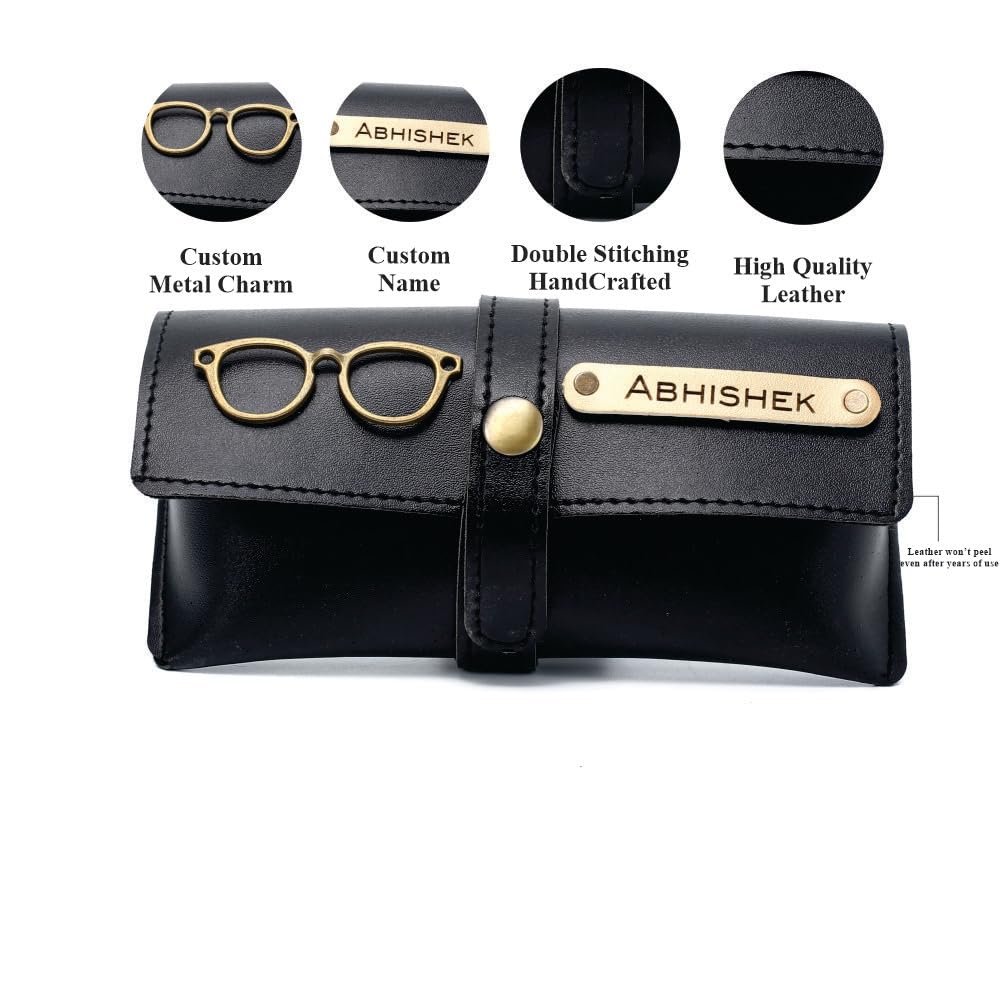 AICA Personalised Name & Charm Leather Sunglass Case Cover for Men & Women (Babyblue)