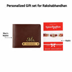 AICA Personalized Name Leather Mens Rakhi + Wallet Combo (Dark Brown)