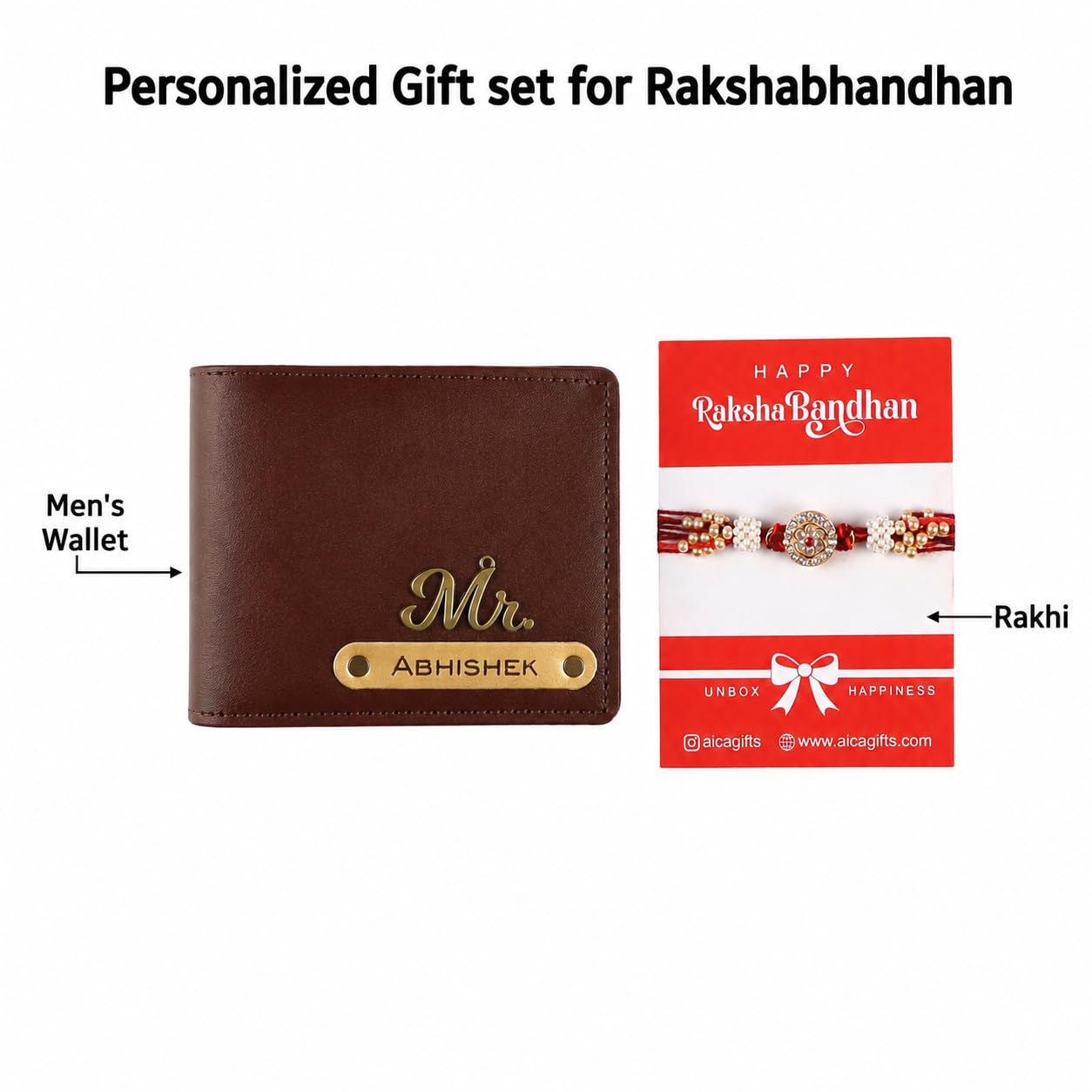 AICA Personalized Name Leather Mens Rakhi + Wallet Combo (Dark Brown)
