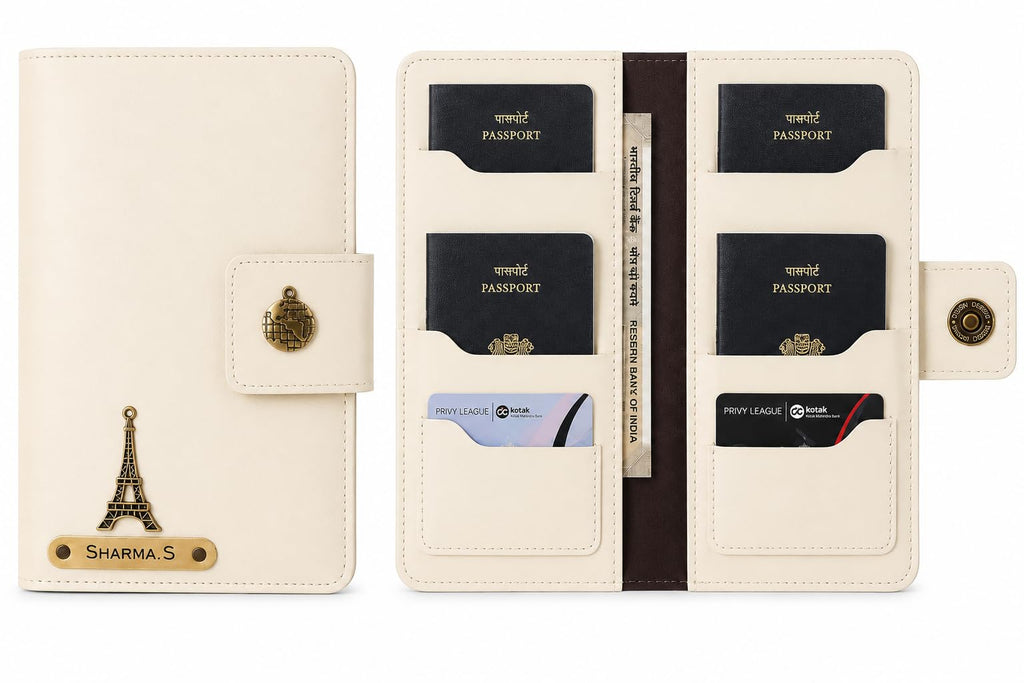 AICA Personalized Name & Charm Leather Family Passport Cover For 4 with Passport Boarding Pass Currency Card Slot & Coin Holder for Men & Women | Family Passport Cover (CREAM)