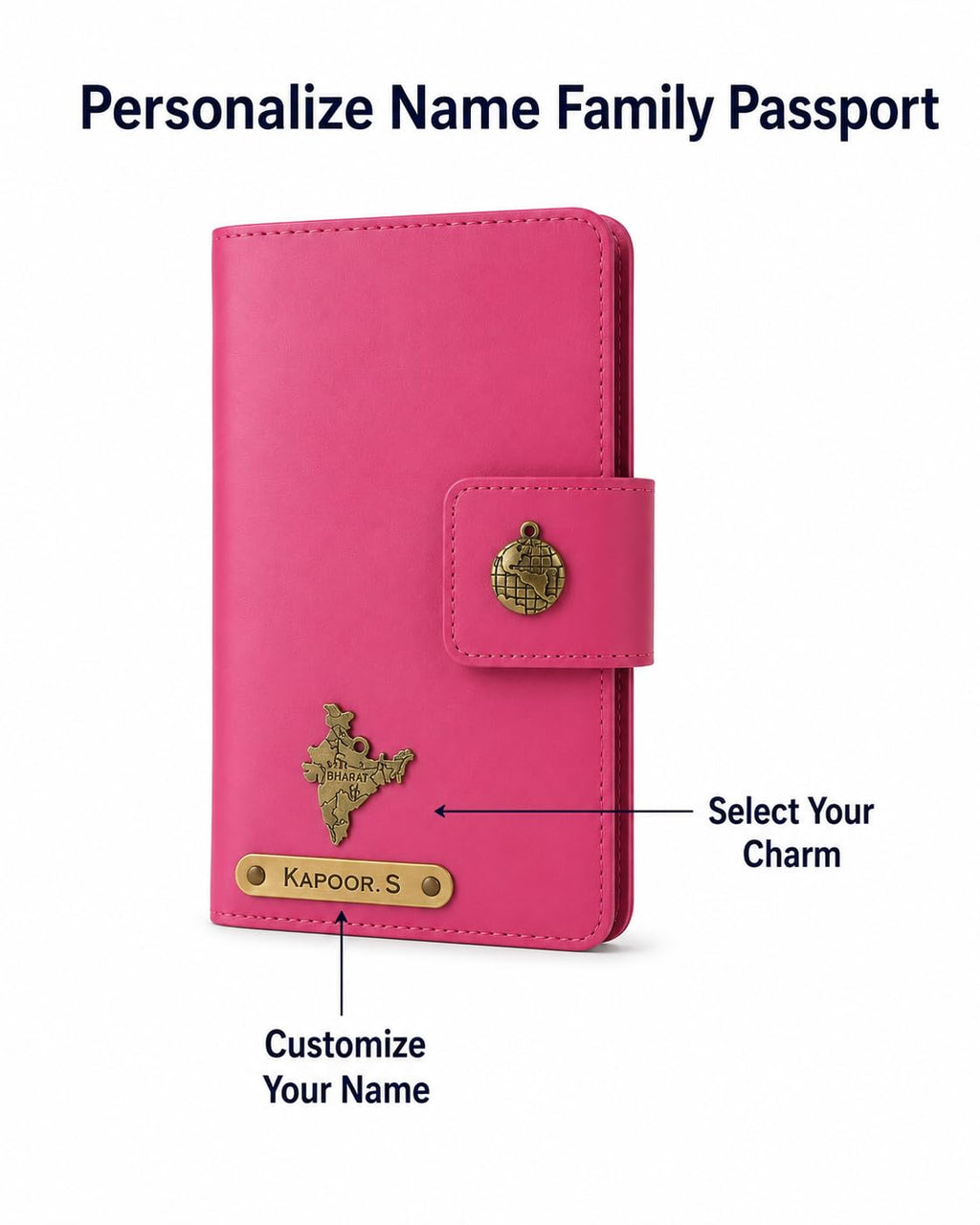 AICA Personalized Name & Charm Leather Family Passport Cover For 4 with Passport Boarding Pass Currency Card Slot & Coin Holder for Men & Women | Family Passport Cover (DARKPINK)