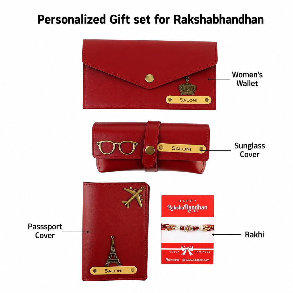AICA Personalized Leather Womens Rakhi Combo (Wine)