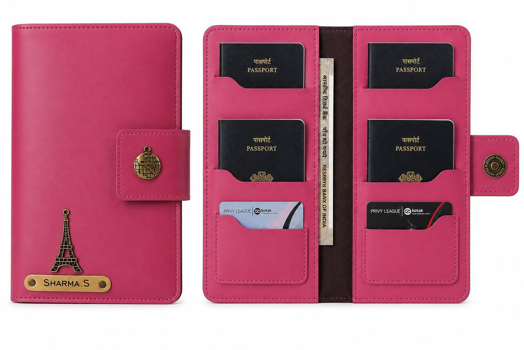 AICA Personalized Name & Charm Leather Family Passport Cover For 4 with Passport Boarding Pass Currency Card Slot & Coin Holder for Men & Women | Family Passport Cover (DARKPINK)