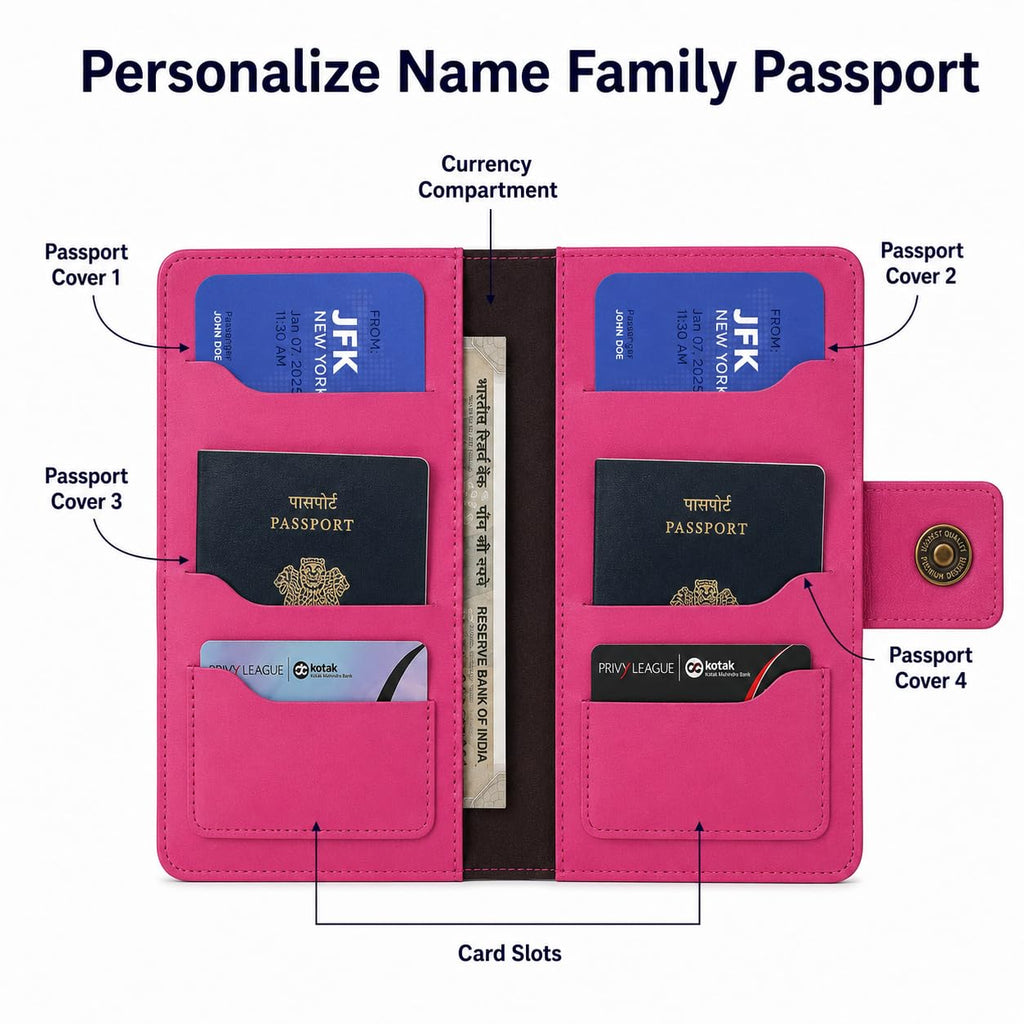 AICA Personalized Name & Charm Leather Family Passport Cover For 4 with Passport Boarding Pass Currency Card Slot & Coin Holder for Men & Women | Family Passport Cover (DARKPINK)