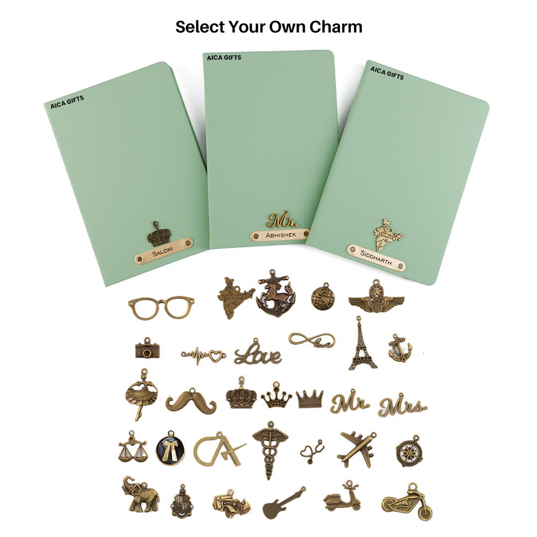 AICA Personalized Name & Charm Leather Notebook Diary -A5 Size, 180 Ruled Pages All
