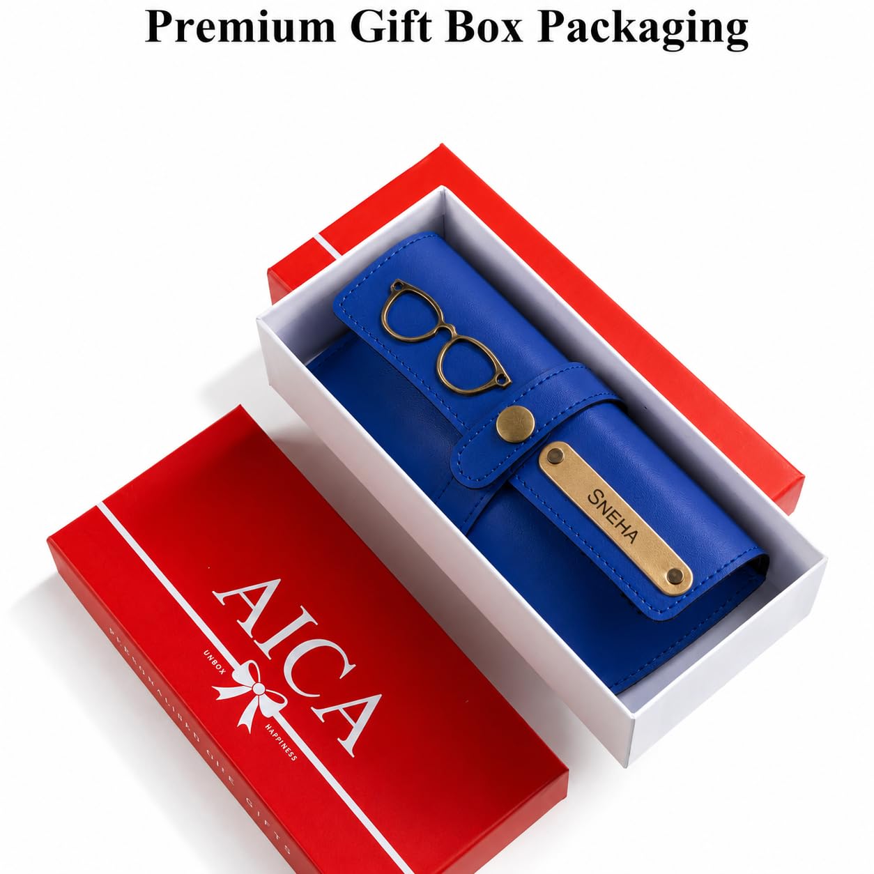 AICA Personalised Name & Charm Leather Sunglass Case Cover for Men & Women (Babyblue)