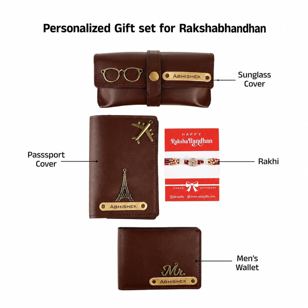 AICA Personalized Leather Mens Rakhi Combo (Dark Brown)