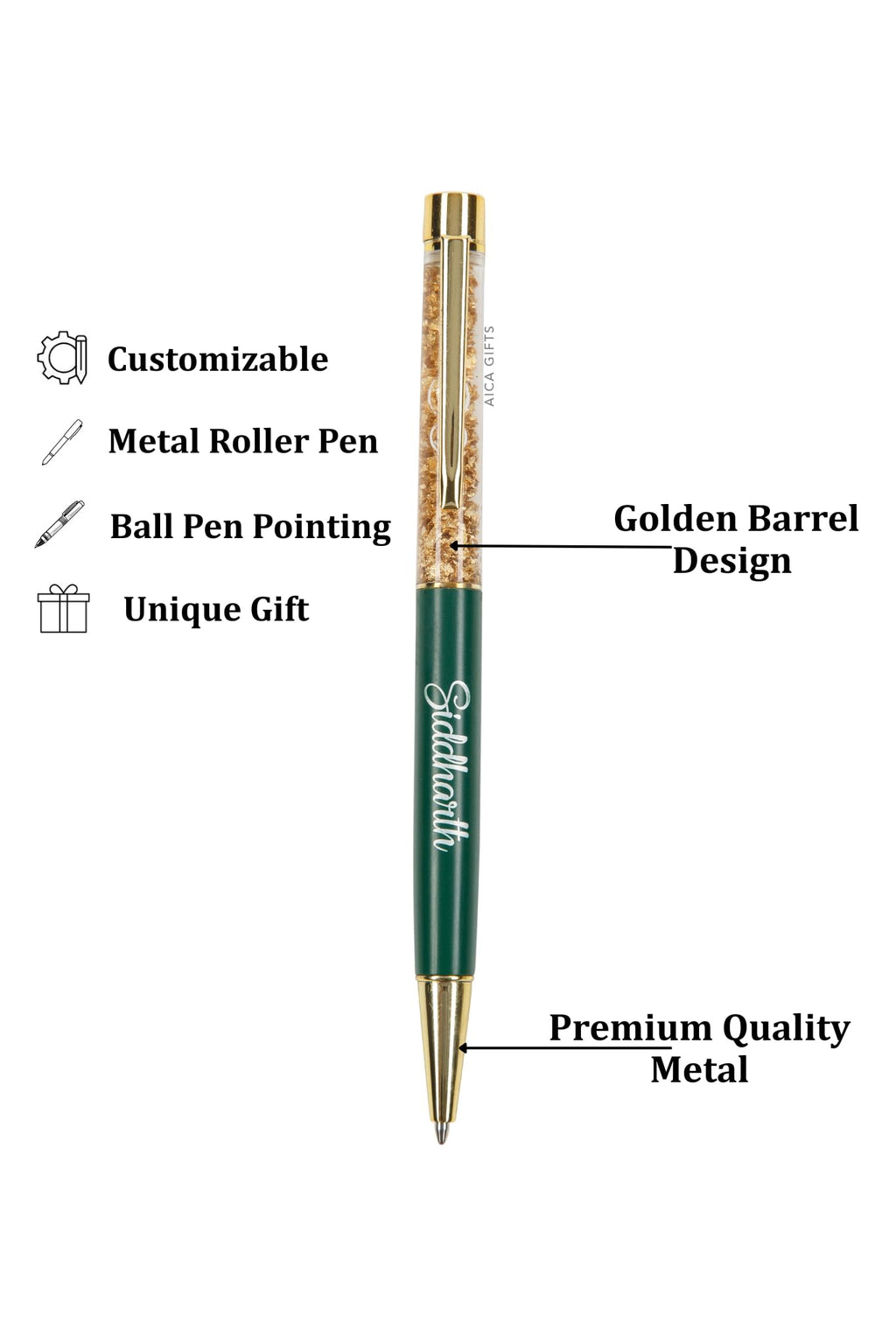 AICA Gifts Personalized Pens with Name Engraved I Golden Glitter (Black) Roller Ball Pen