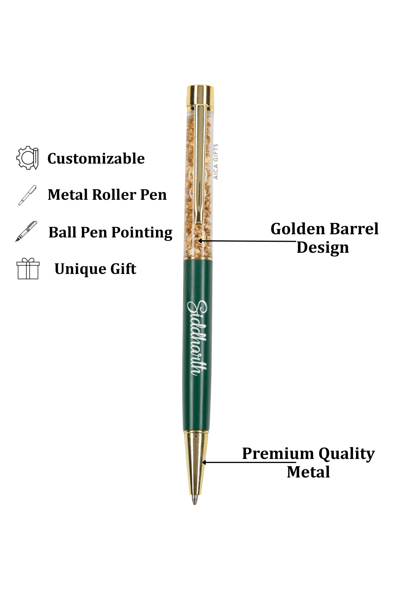 AICA Gifts Personalized Pens with Name Engraved I Golden Glitter (Black) Roller Ball Pen