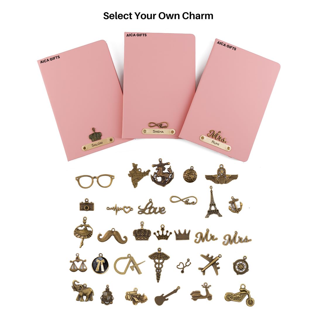 AICA Personalized Name & Charm Leather Notebook Diary -A5 Size, 180 Ruled Pages All