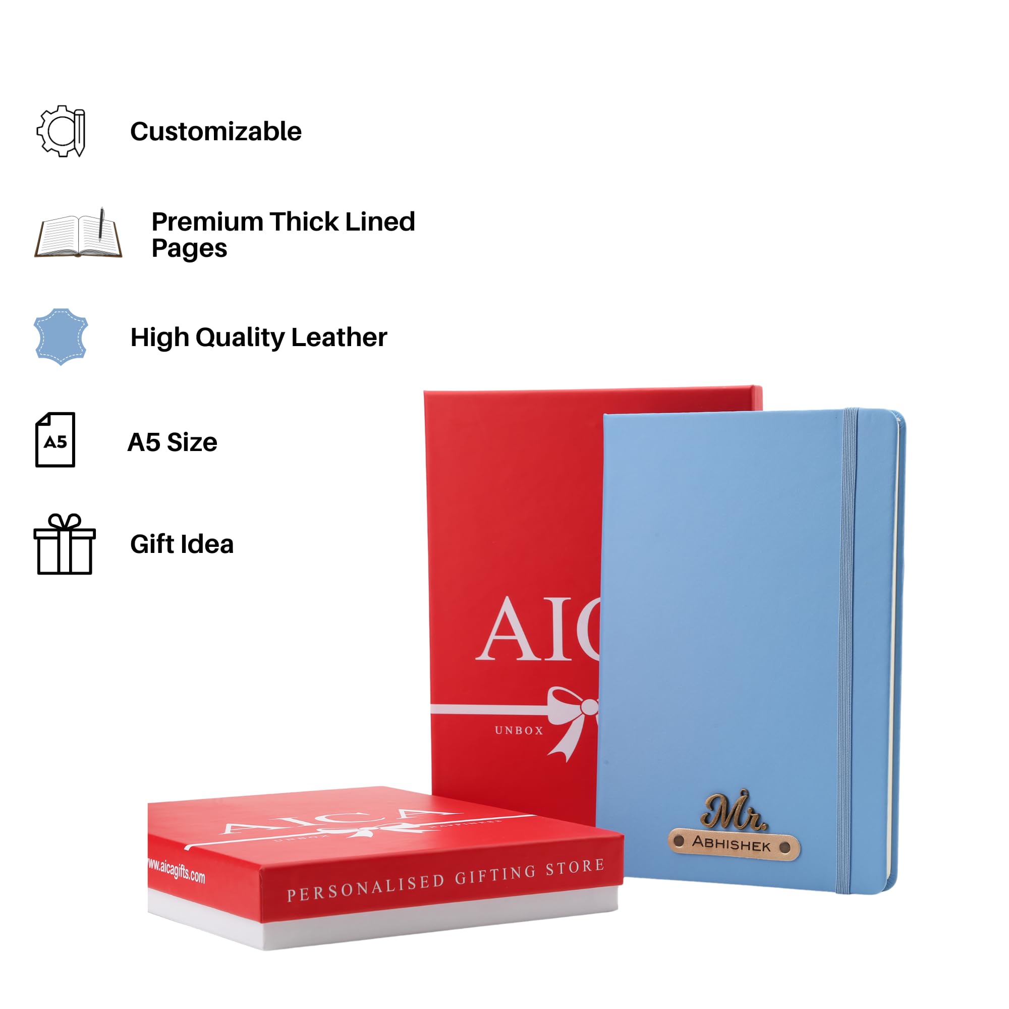 AICA Personalized Name & Charm Leather Notebook Diary -A5 Size, 180 Ruled Pages All