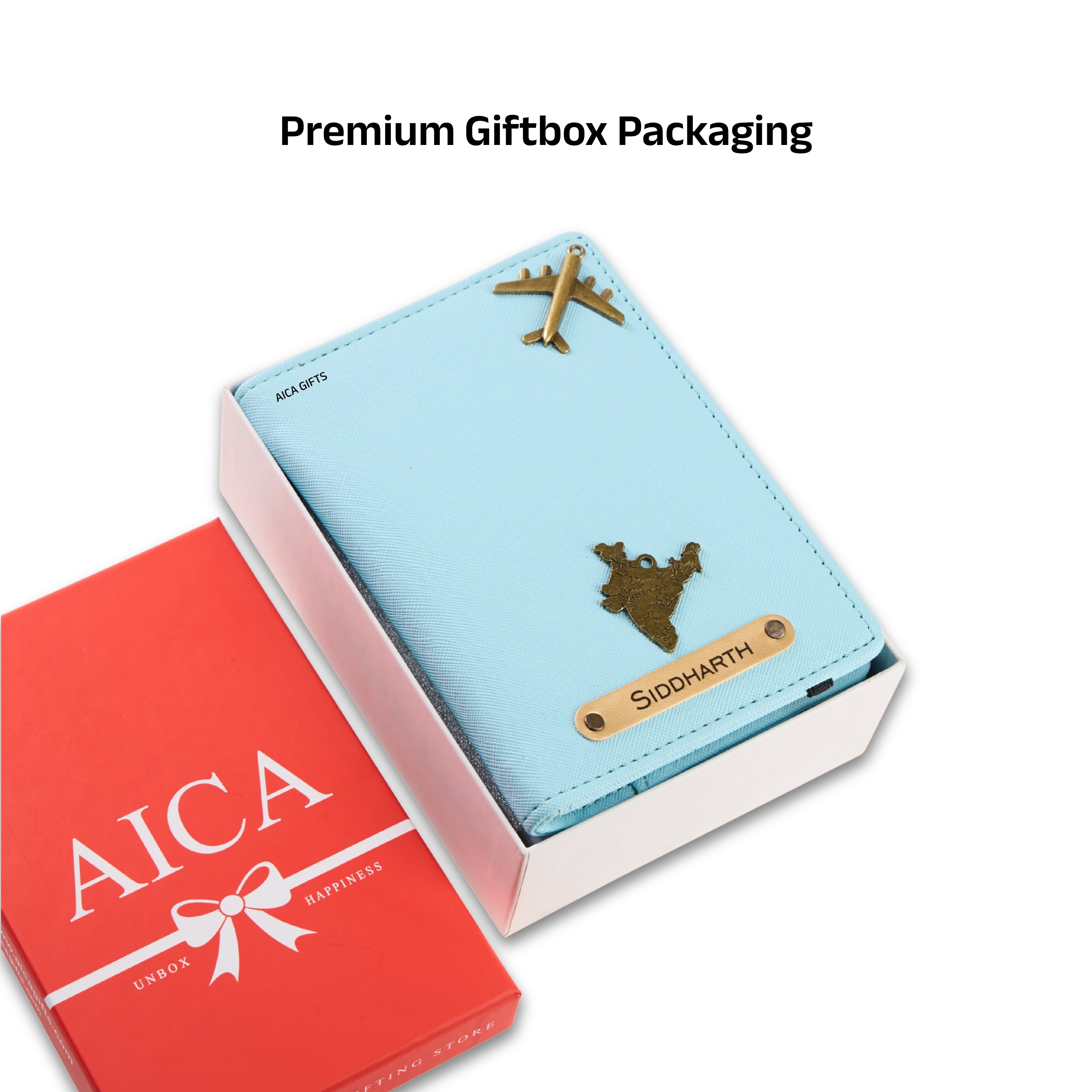 AICA Personalised Name & Charm Leather Passport Cover Holder for Men & Women (Babyblue) | Gifts for Man | Gift for Woman | Return Gifts for Birthday | Passport Cover for Men & Women