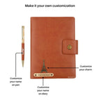 AICA Personalized Name & Charm Notebook Leather Diary - A5 Size, 200 Ruled Pages (Navy Blue) & Pen Golden Combo for Men & Women