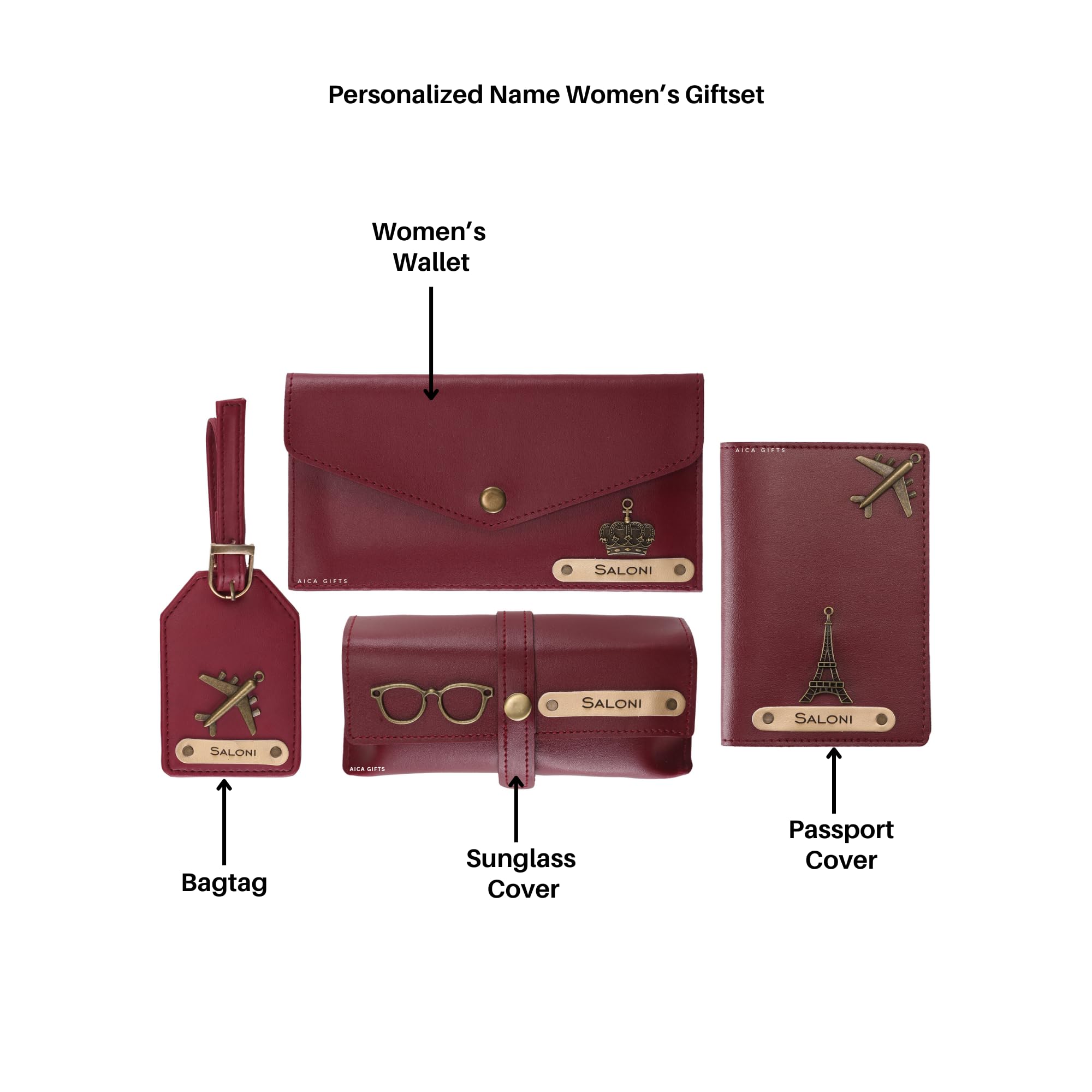 AICA Personalised Name & Charm Womens Leather Gift Set | Gifts for Women (Dark Brown)