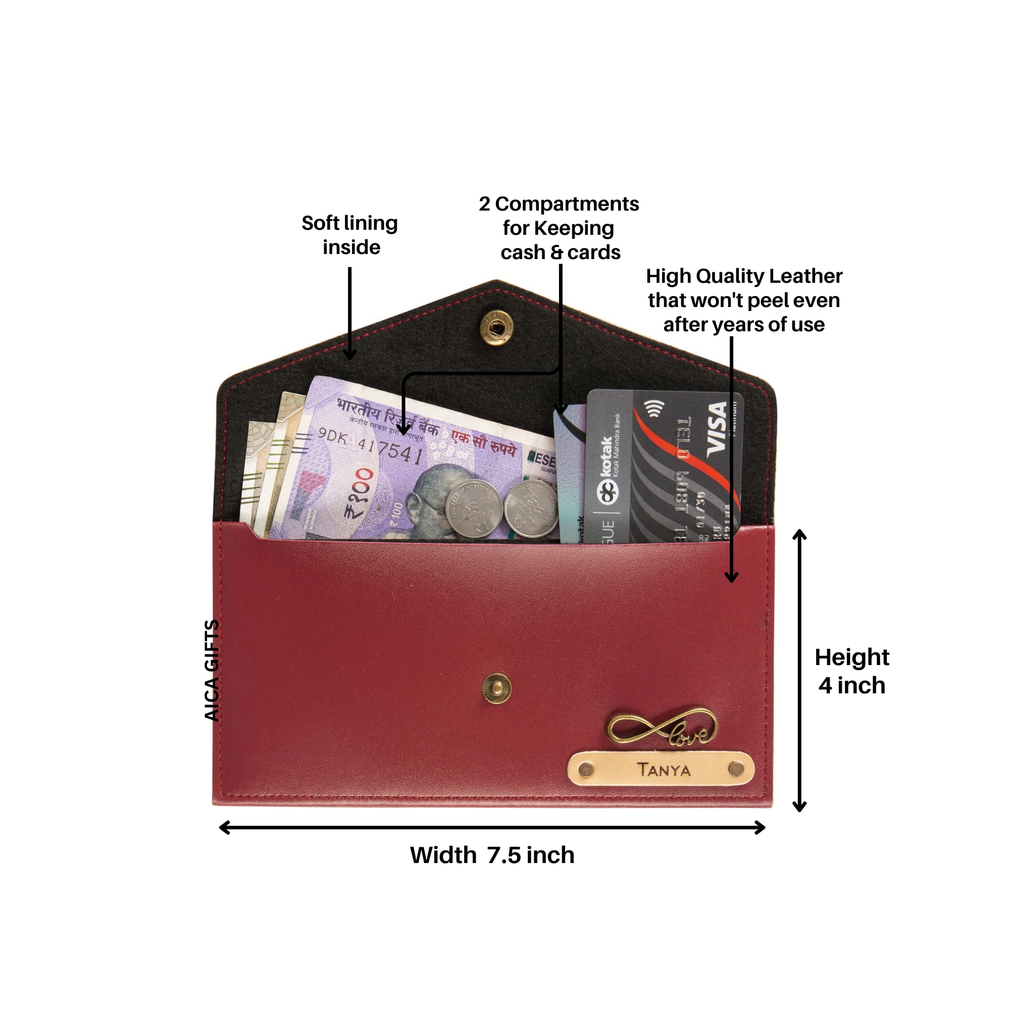 AICA Personalised Name & Charm Leather Wallet Gift for Women
