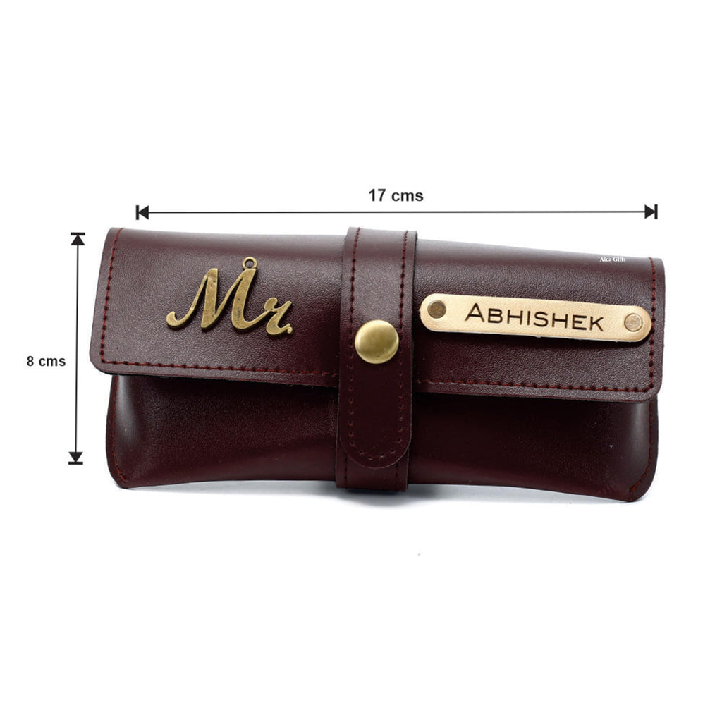 AICA Personalised Name & Charm Leather Sunglass Case Cover for Men & Women (Babyblue)