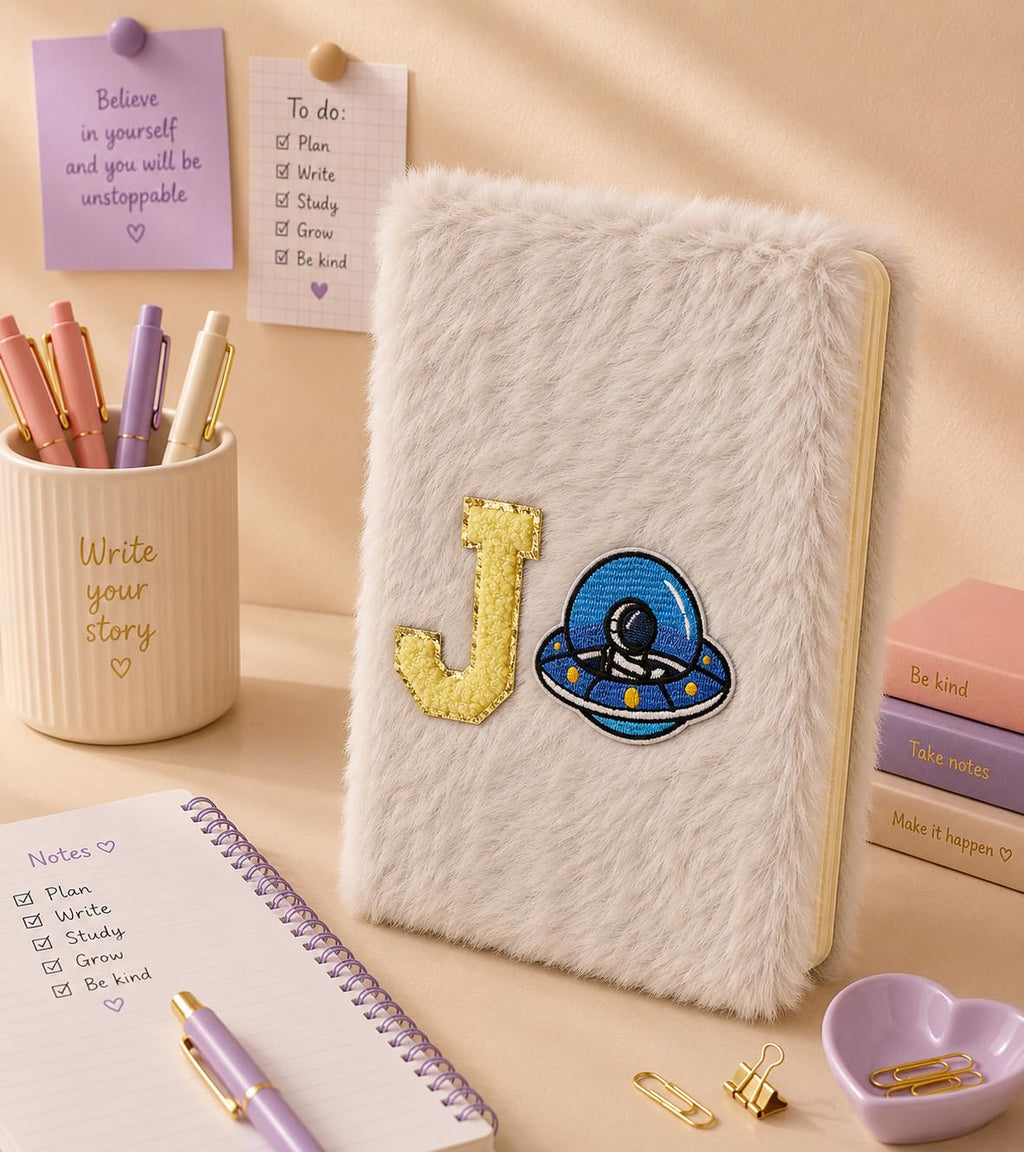 AICA Personalized Embroidery Patch Name Soft Fur Diary A5 Size 160 Pages (White) For Girls & Boys|Customized Cute Plush Personal Journal | Diary for Girls Aesthetic | Diary for Kids | Gifts for Girls